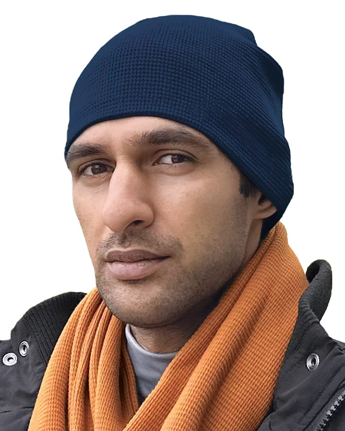 Front view of Navy Bayside 3835 Cotton Thermal Beanie