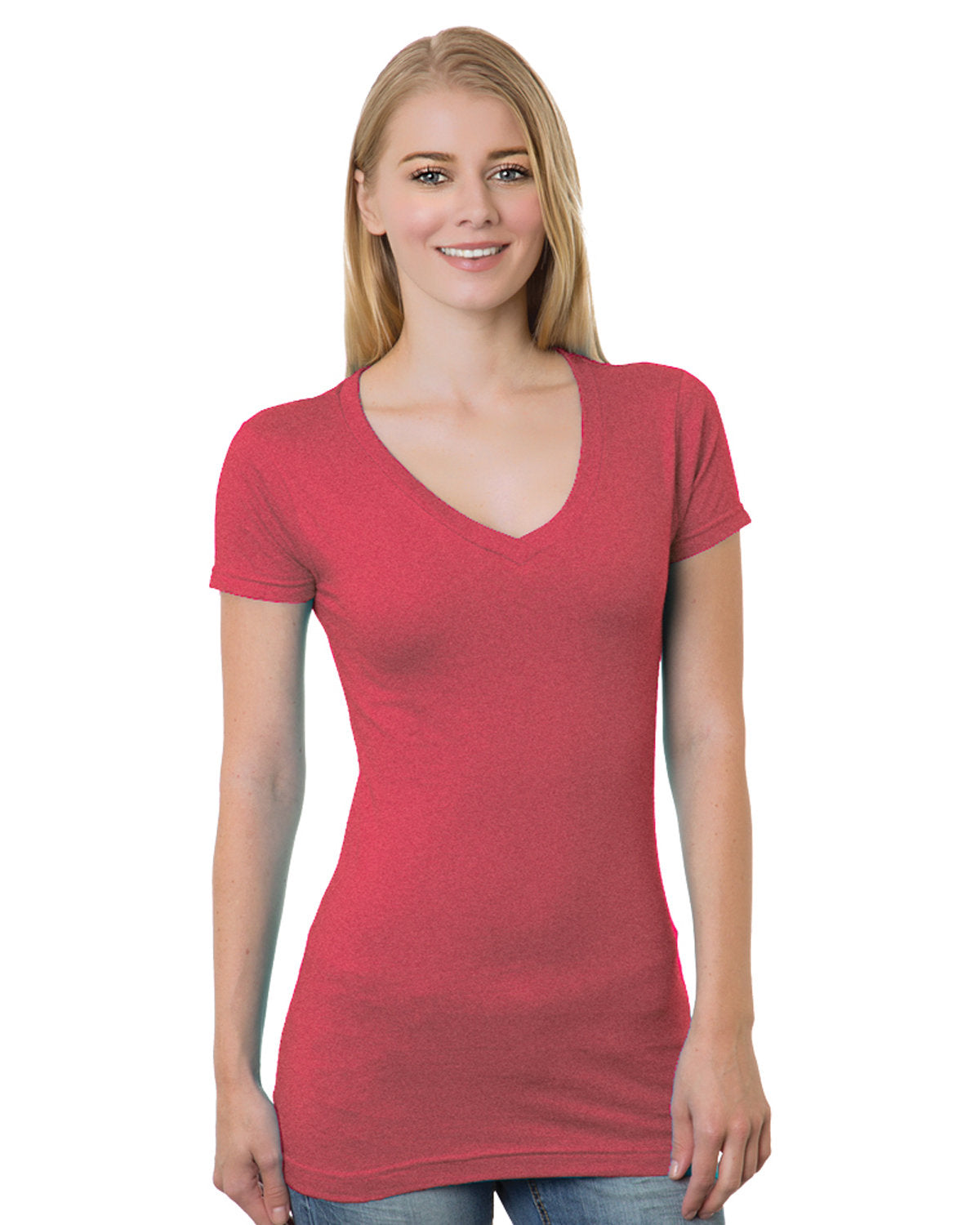 Bayside 3407 Juniors' USA-Made V-Neck T-Shirt - Heather Red