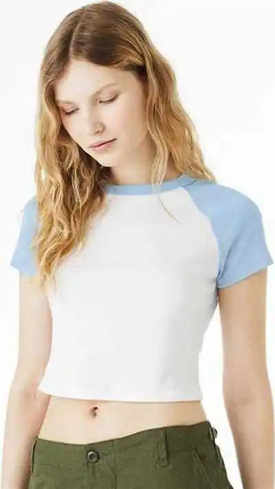 Bella + Canvas 1201 Women’s Micro Rib Raglan Baby Tee White Blue