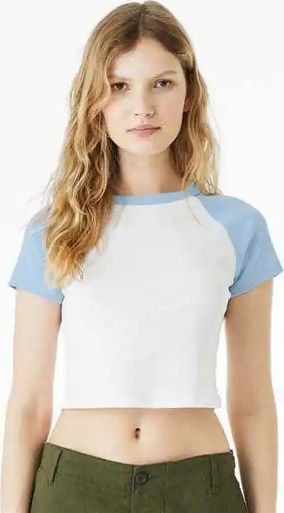 Bella + Canvas 1201 Women’s Micro Rib Raglan Baby Tee White Blue