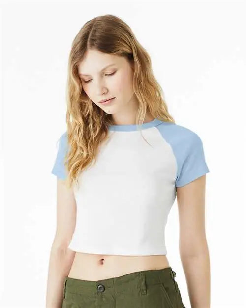 Bella + Canvas 1201 Women’s Micro Rib Raglan Baby Tee - White Blue