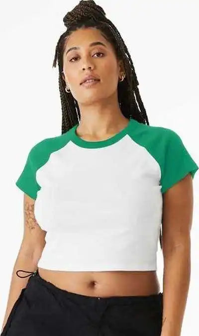 Bella + Canvas 1201 Women’s Micro Rib Raglan Baby Tee White Kelly