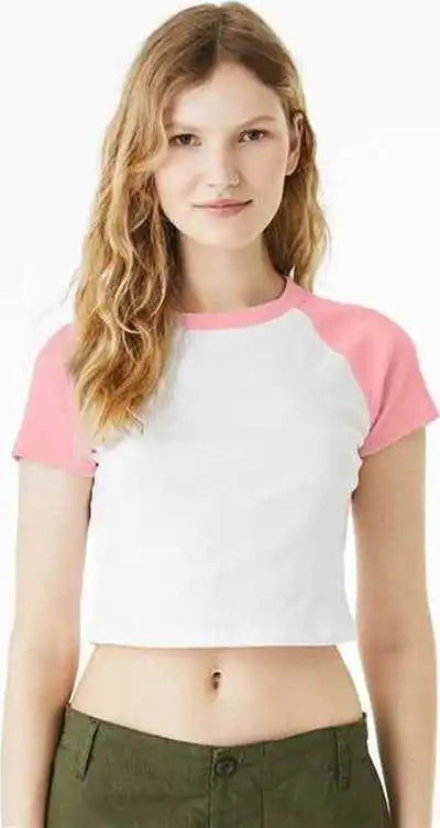 Bella + Canvas 1201 Women’s Micro Rib Raglan Baby Tee White Pink