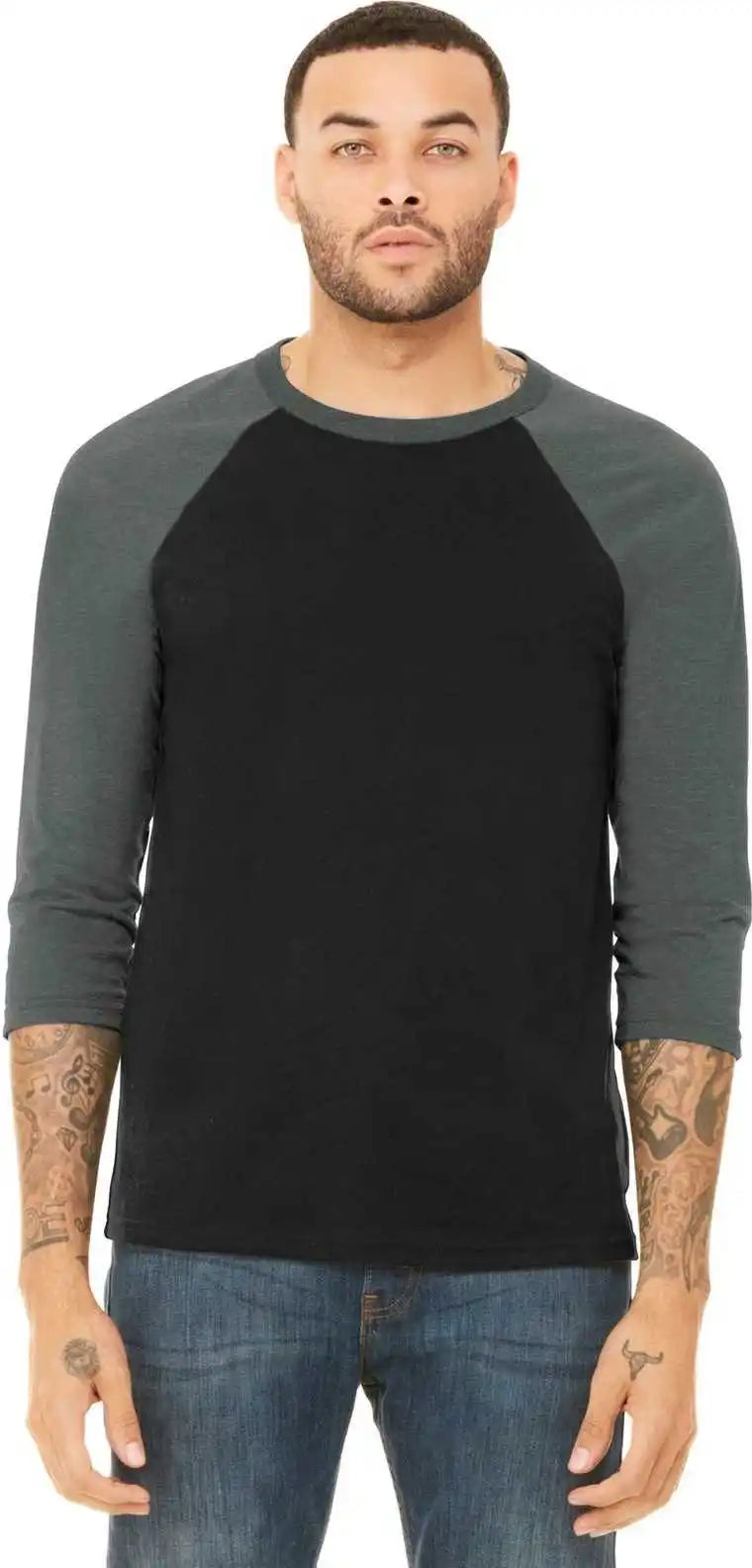 Bella + Canvas 3200 Unisex 3/4 Sleeve Baseball Tee Black Deep Heather