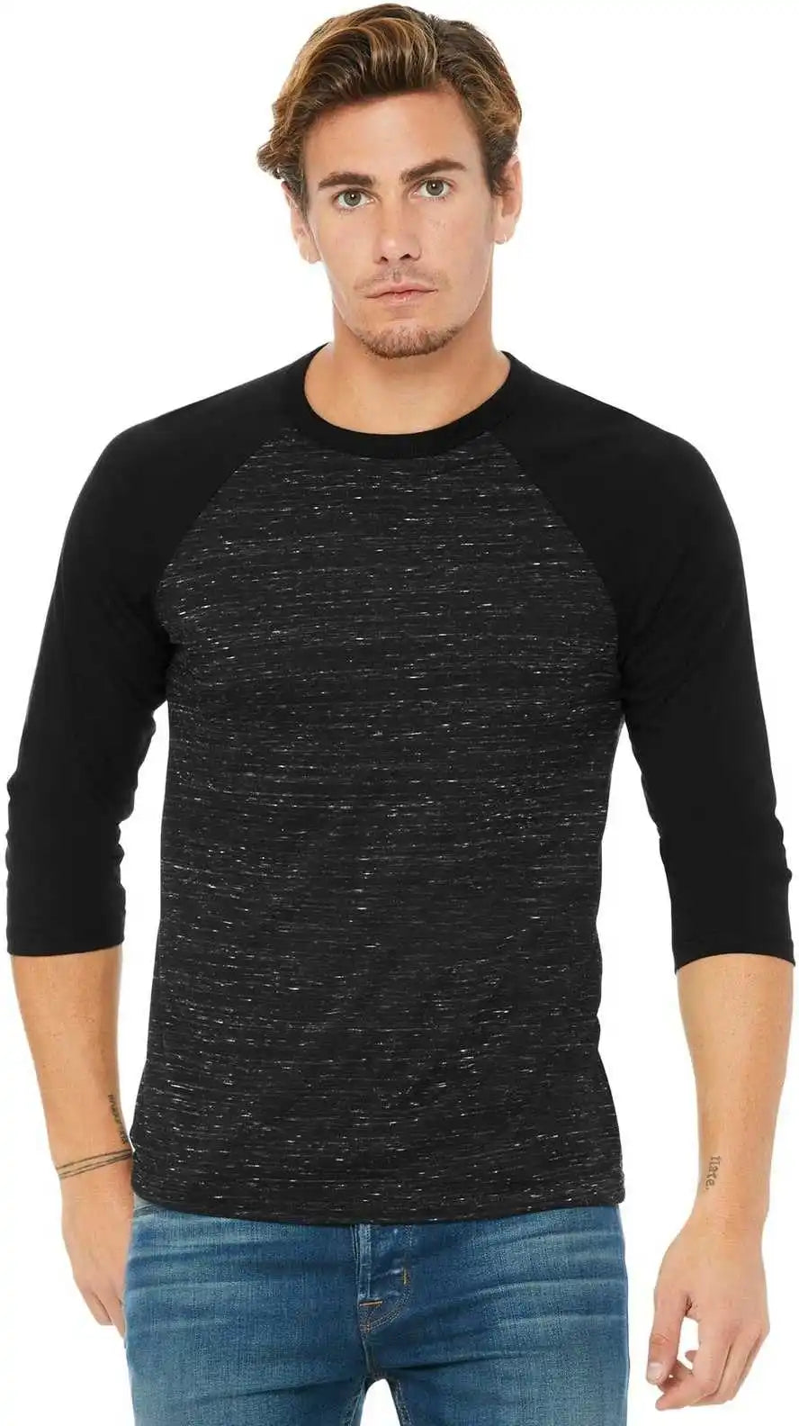 Bella + Canvas 3200 Unisex 3/4 Sleeve Baseball Tee Black Marble