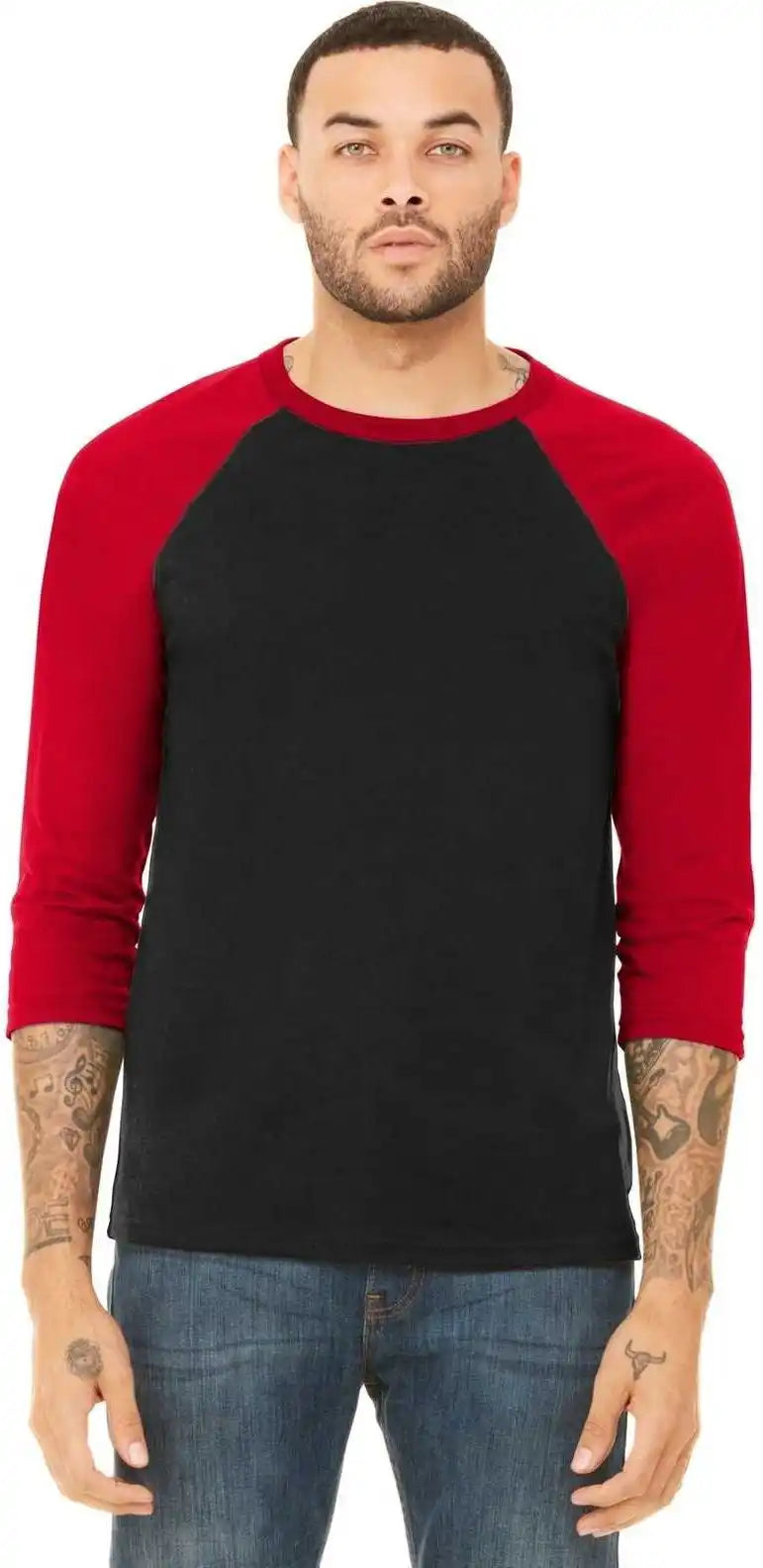 Bella + Canvas 3200 Unisex 3/4-sleeve Baseball Tee - Black Red
