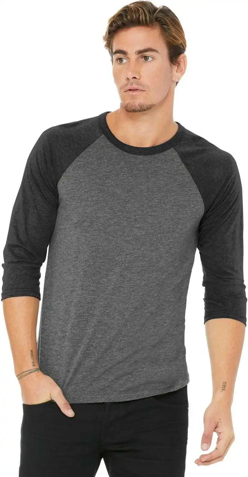 Bella + Canvas 3200 Unisex 3/4 Sleeve Baseball Tee Gray Charcoal Black Triblend