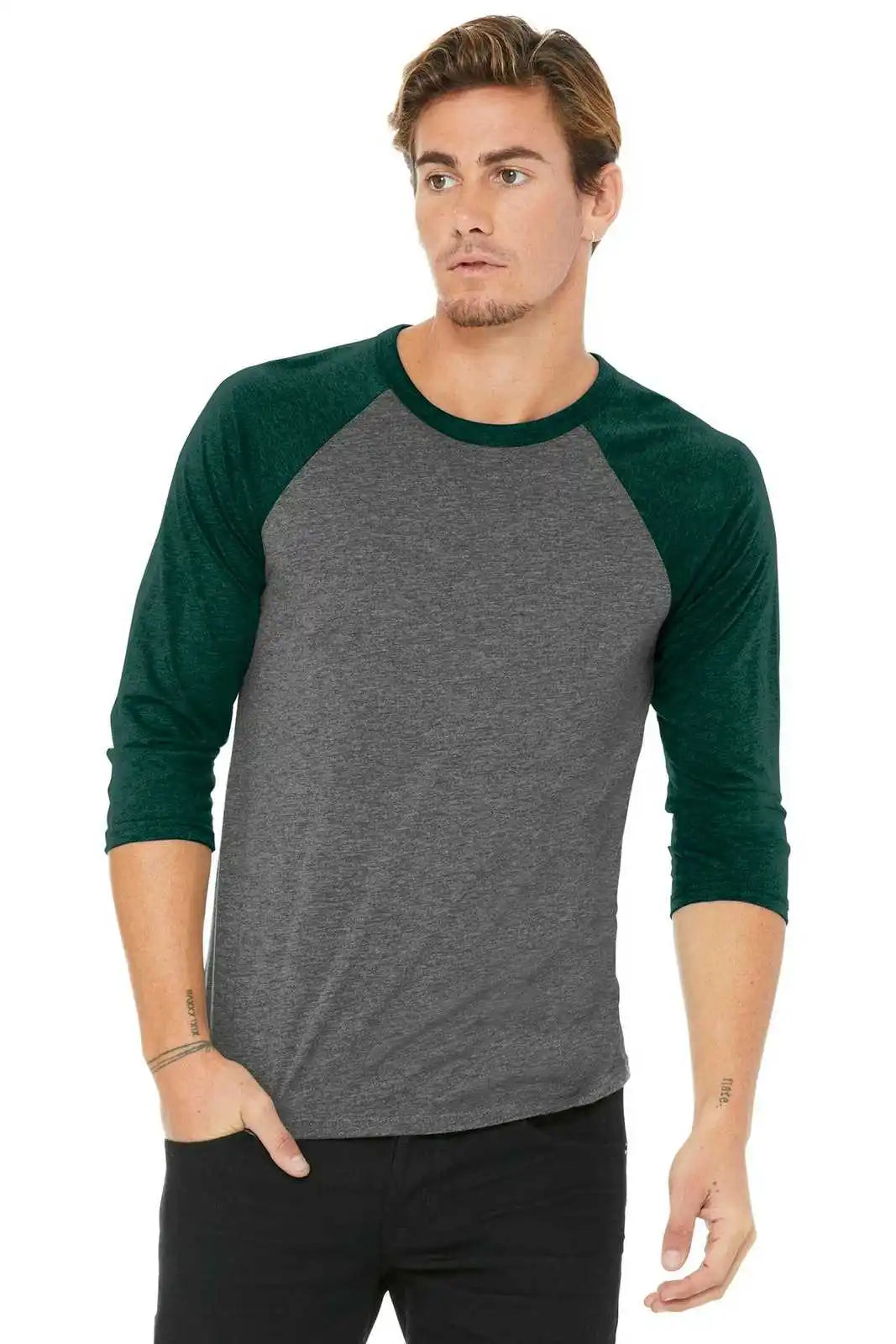 Bella + Canvas 3200 Unisex 3/4-sleeve Baseball Tee - Gray Emerald Triblend
