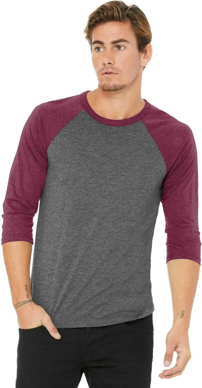 Bella + Canvas 3200 Unisex 3/4 Sleeve Baseball Tee Gray Maroon Triblend