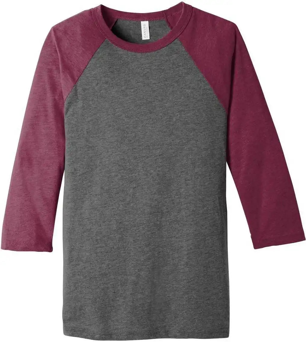 Bella + Canvas 3200 Unisex 3/4 Sleeve Baseball Tee Gray Maroon Triblend