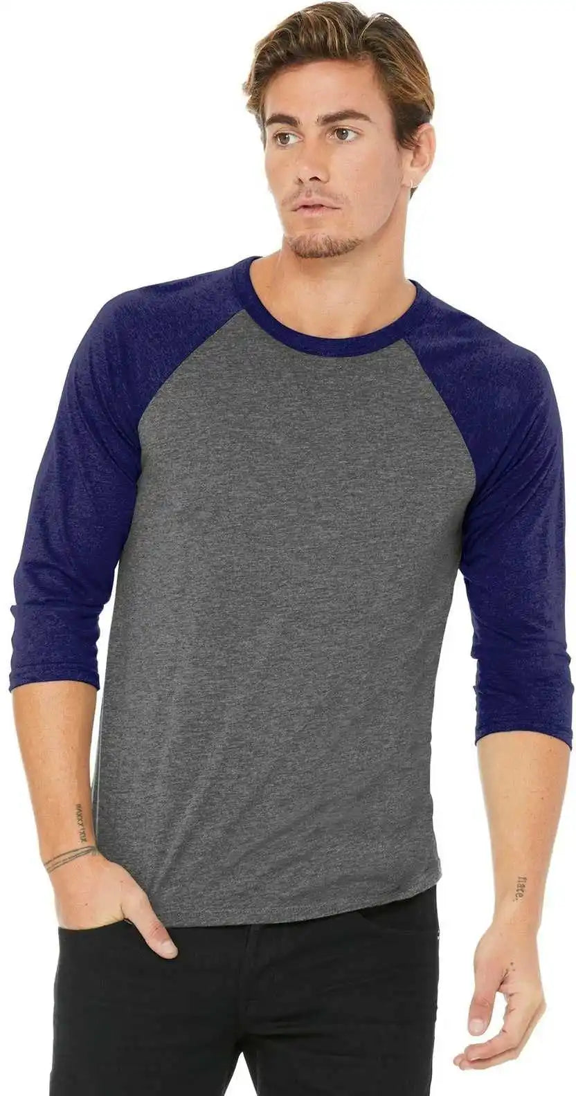 Bella + Canvas 3200 Unisex 3/4-sleeve Baseball Tee - Gray Navy Triblend
