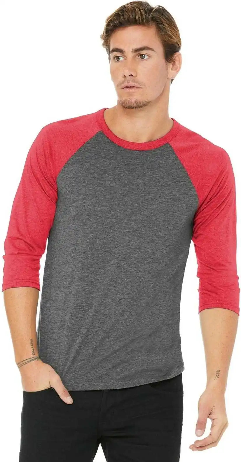 Bella + Canvas 3200 Unisex 3/4-sleeve Baseball Tee - Gray Red Triblend