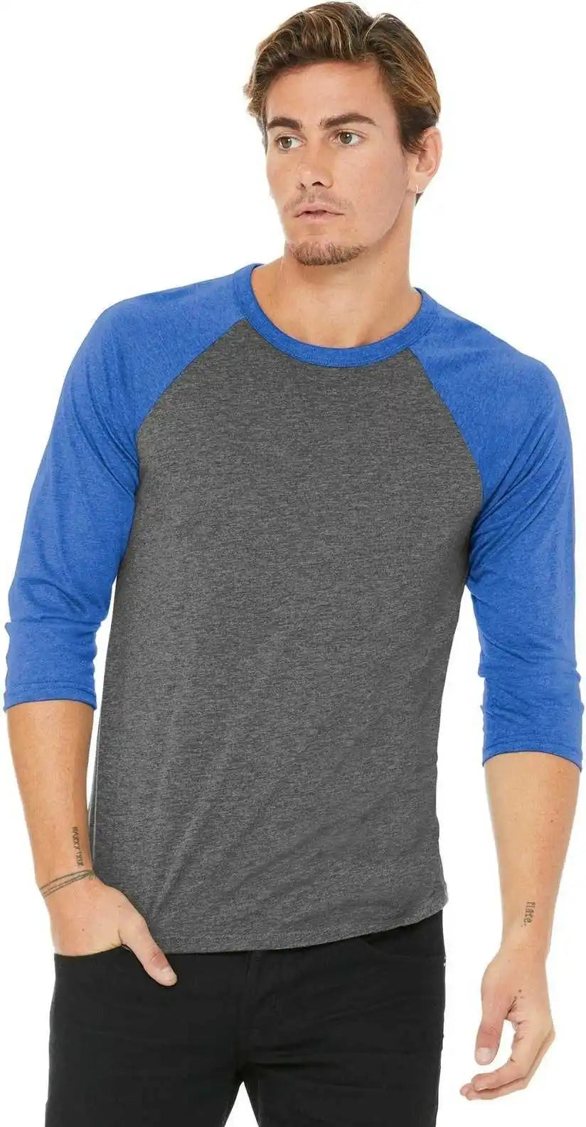 Bella + Canvas 3200 Unisex 3/4-sleeve Baseball Tee - Gray True Royal Triblend
