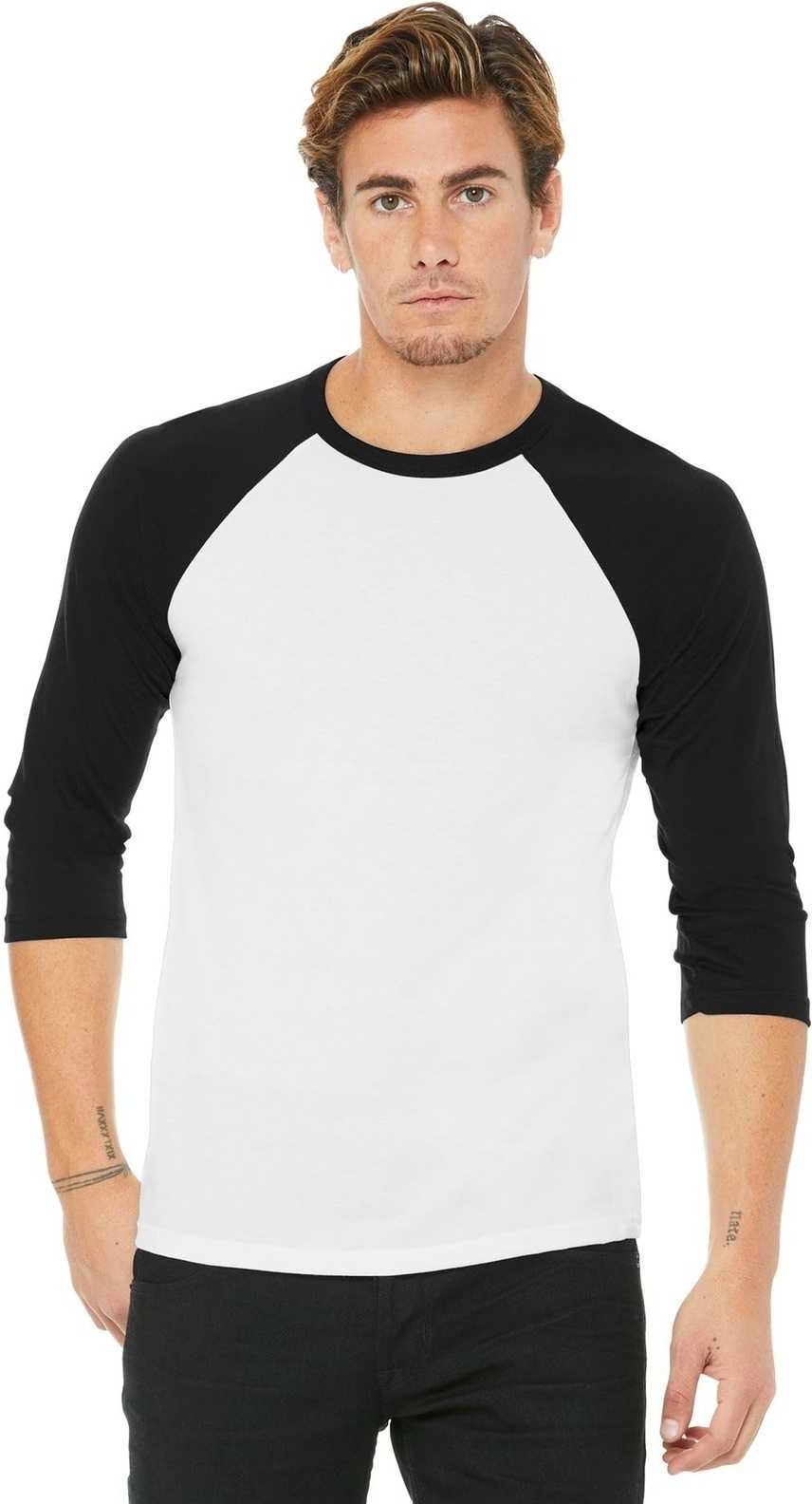 Bella + Canvas 3200 Unisex 3/4-sleeve Baseball Tee - White Black