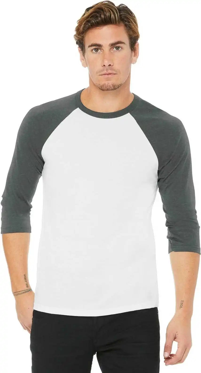 Bella + Canvas 3200 Unisex 3/4 Sleeve Baseball Tee White Deep Heather