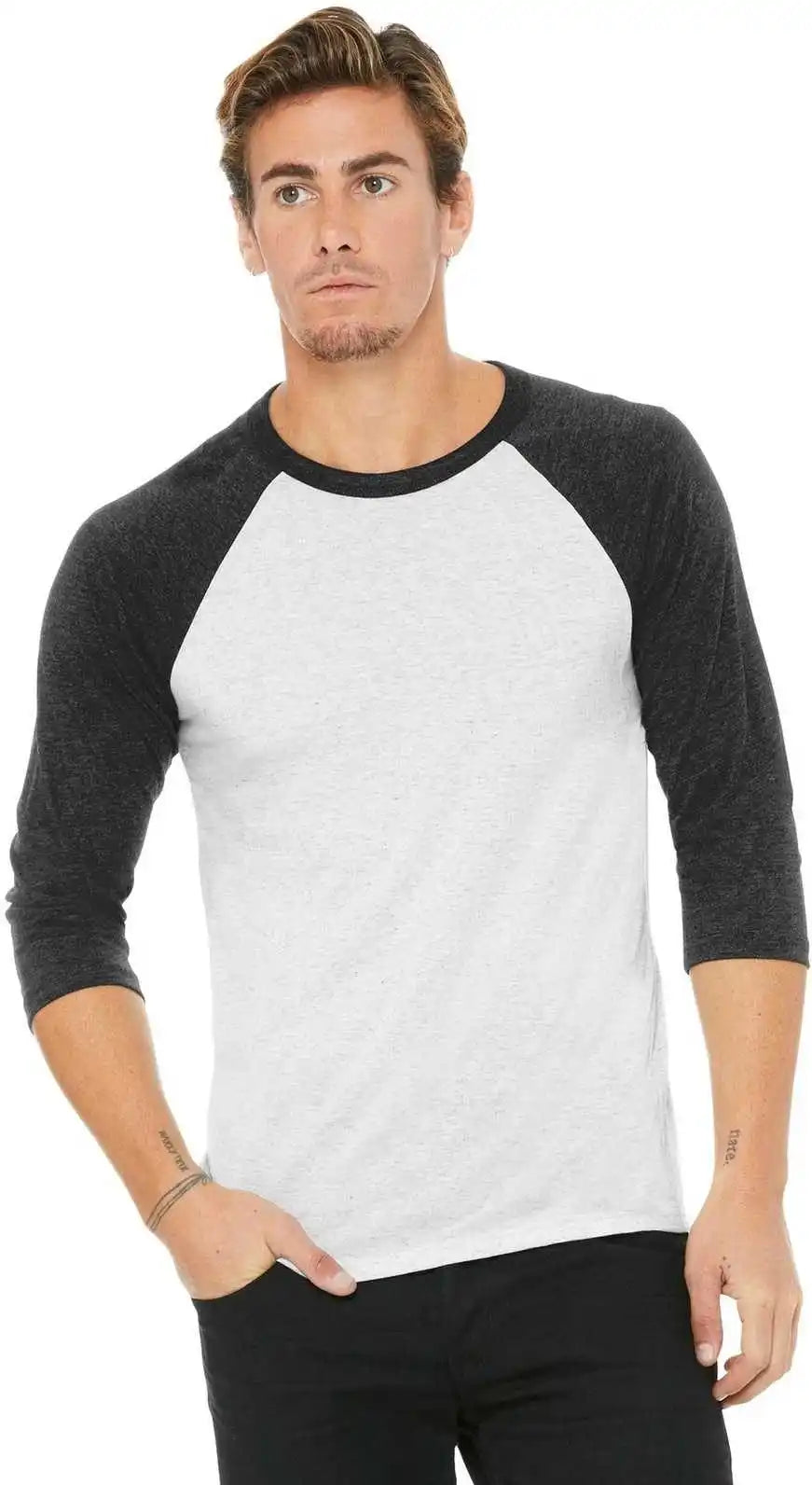 Bella + Canvas 3200 Unisex 3/4-sleeve Baseball Tee - White Flk Charcoal-bi Triblend