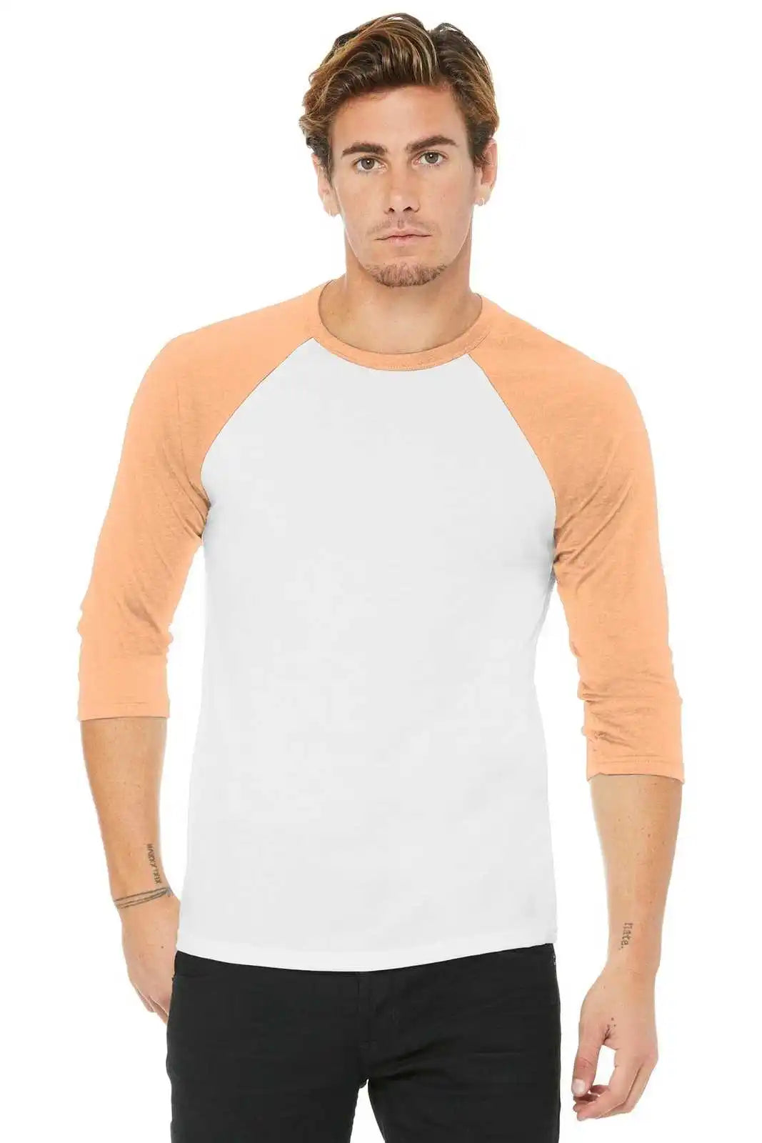 Bella + Canvas 3200 Unisex 3/4 Sleeve Baseball Tee White Heather Peach
