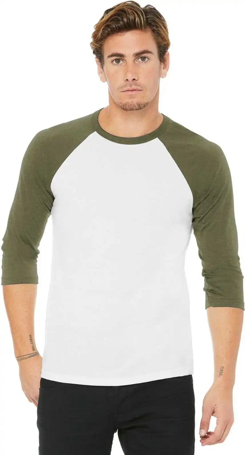 Bella + Canvas 3200 Unisex 3/4-sleeve Baseball Tee - White Heather Olive