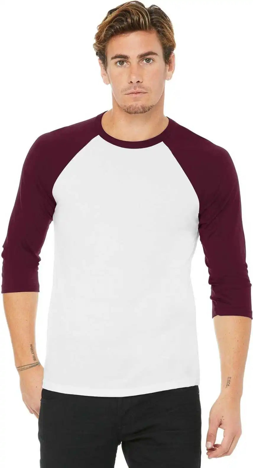 Bella + Canvas 3200 Unisex 3/4 Sleeve Baseball Tee White Maroon