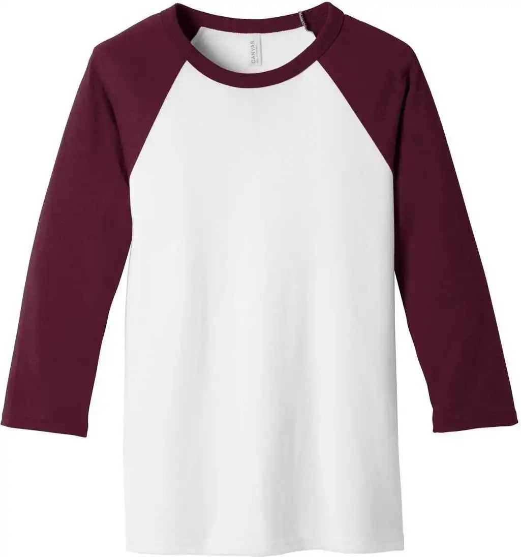 Bella + Canvas 3200 Unisex 3/4 Sleeve Baseball Tee White Maroon