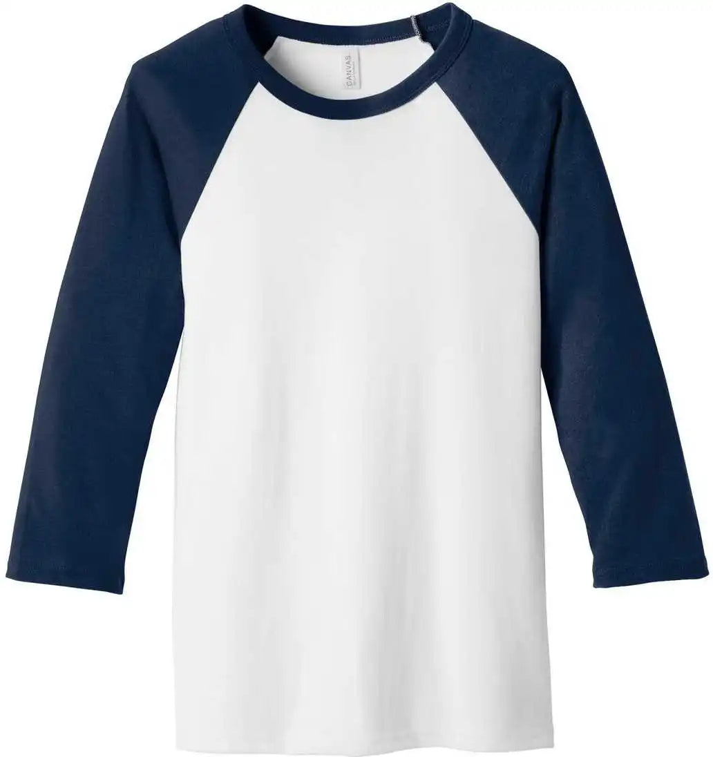 Bella + Canvas 3200 Unisex 3/4 Sleeve Baseball Tee White Navy