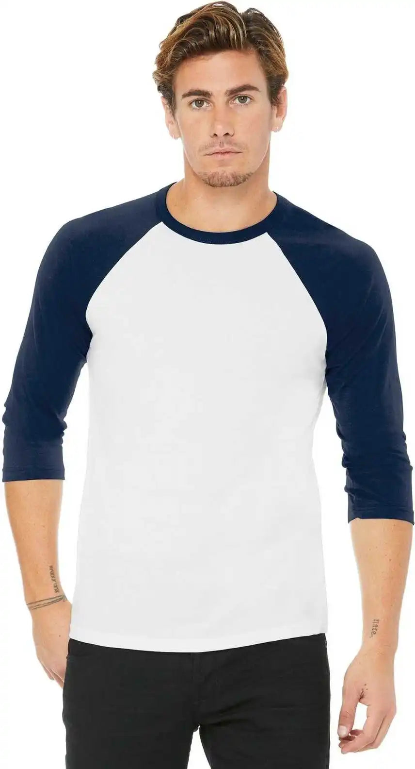 Bella + Canvas 3200 Unisex 3/4 Sleeve Baseball Tee White Navy
