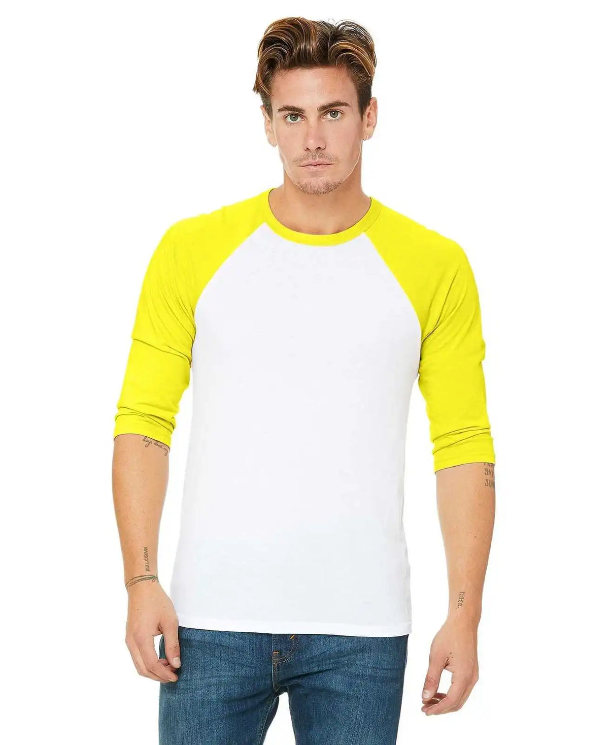 Bella + Canvas 3200 Unisex 3/4 Sleeve Baseball Tee White/neon Yellow