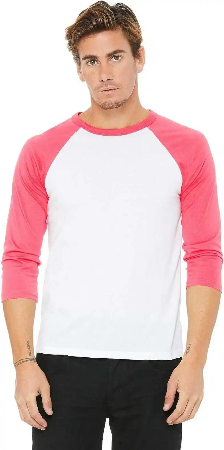 Bella + Canvas 3200 Unisex 3/4-sleeve Baseball Tee - White/neon Pink