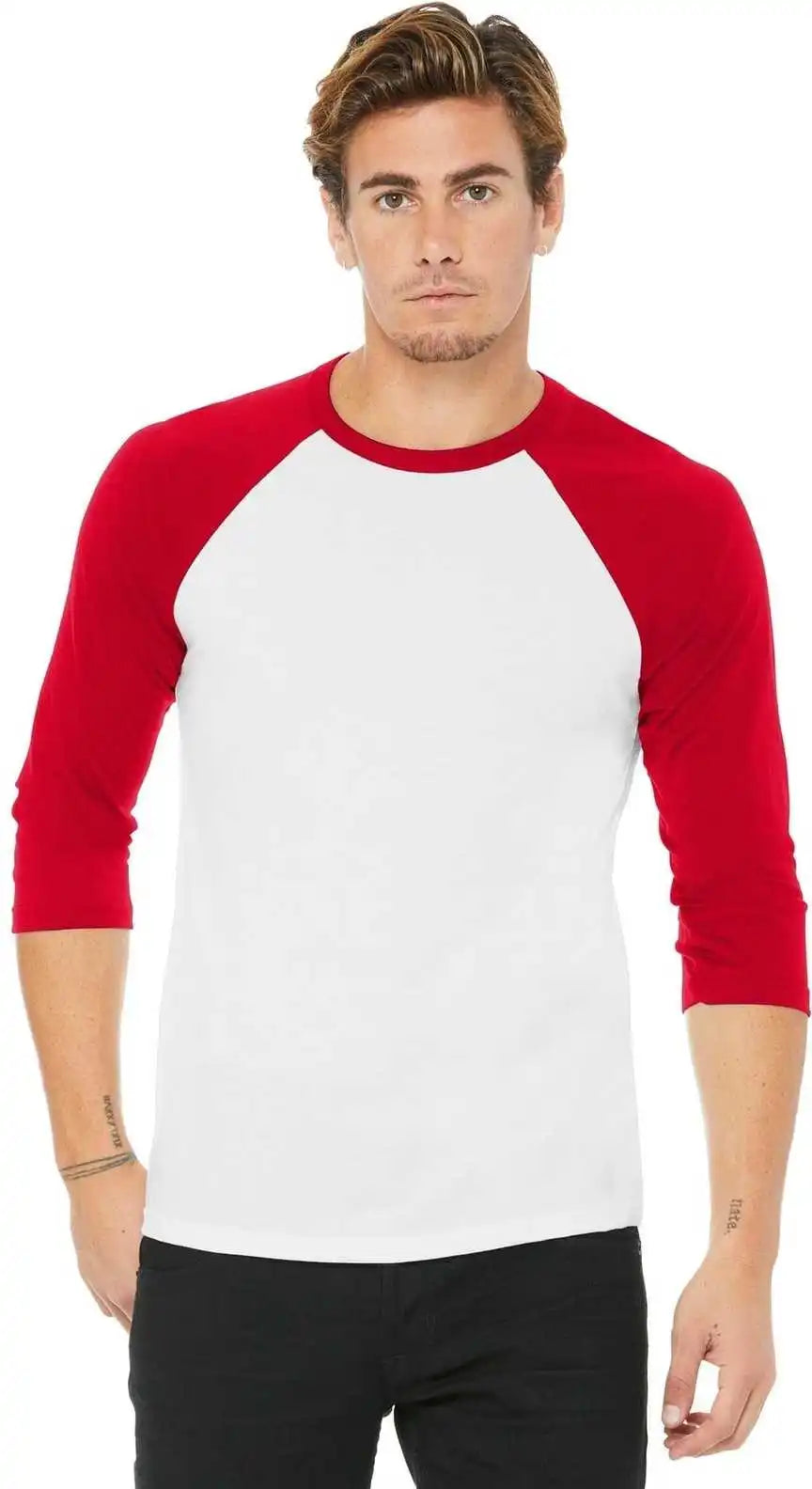 Bella + Canvas 3200 Unisex 3/4 Sleeve Baseball Tee White Red