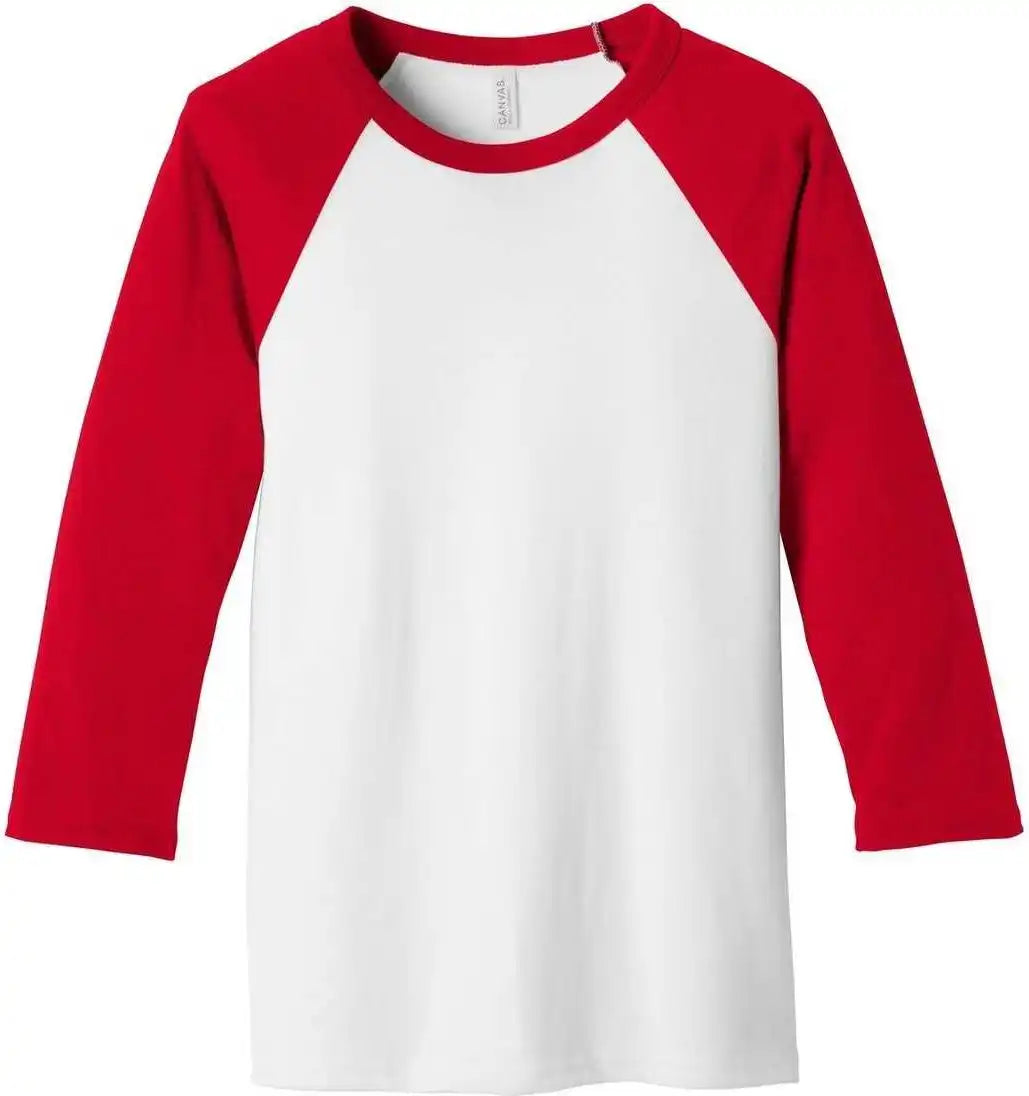 Bella + Canvas 3200 Unisex 3/4 Sleeve Baseball Tee White Red