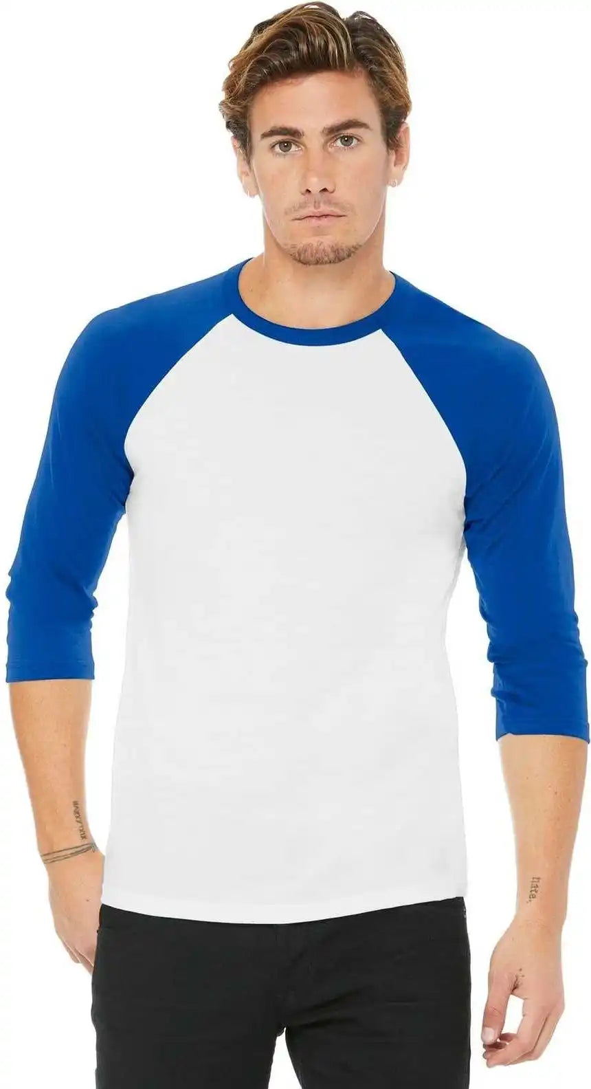 Bella + Canvas 3200 Unisex 3/4 Sleeve Baseball Tee White True Royal