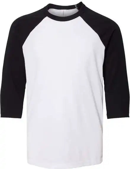 Bella + Canvas 3200y Youth Three Quarter Sleeve Baseball Tee White Black