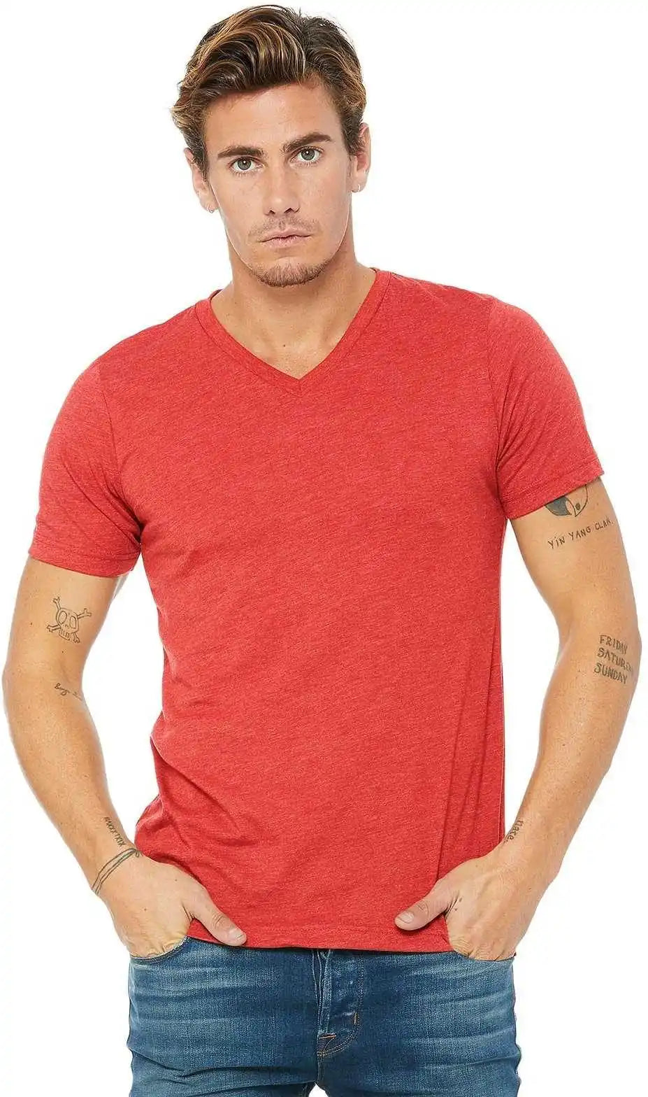 Bella + Canvas 3415 Unisex Triblend Short Sleeve V-neck Tee - Red
