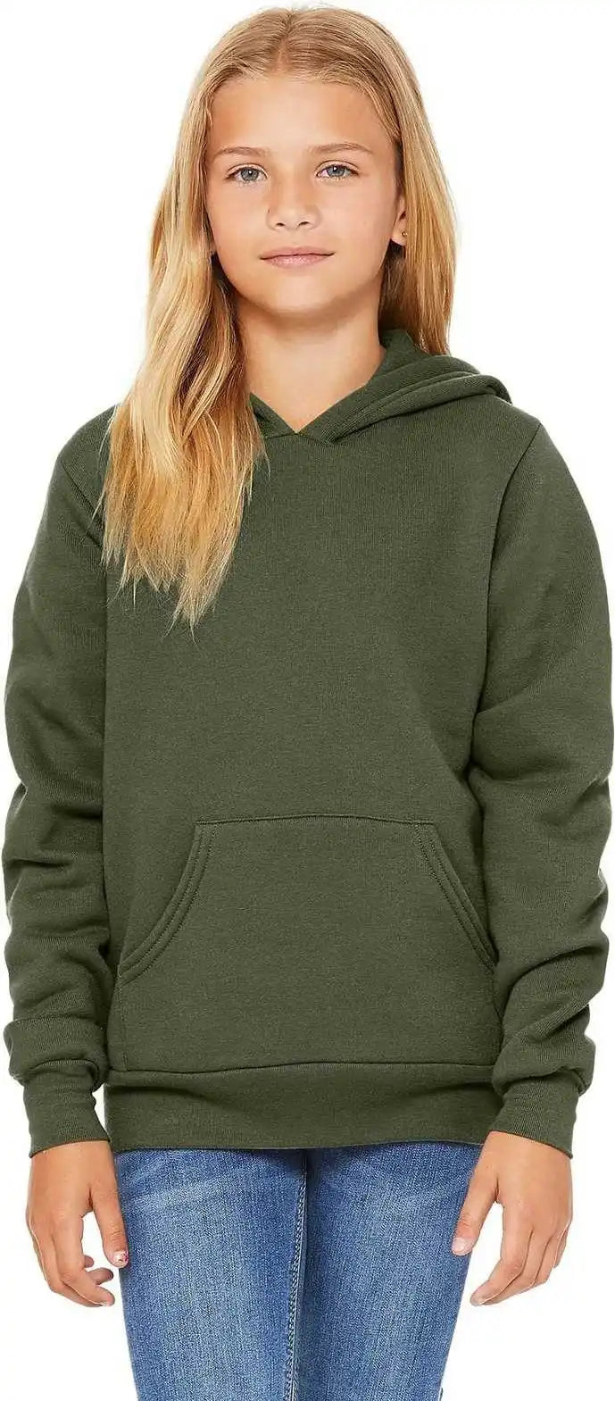 Bella + Canvas 3719y Youth Sponge Fleece Pullover Hoodie Military Green