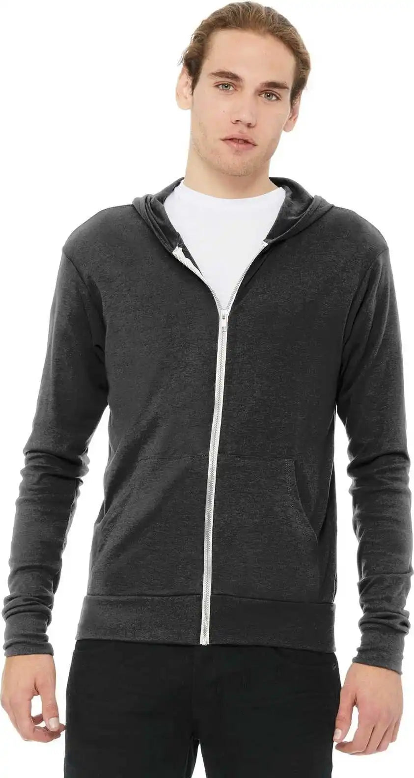 Bella + Canvas 3939 Unisex Triblend Full-zip Lightweight Hoodie - Charcoal-black