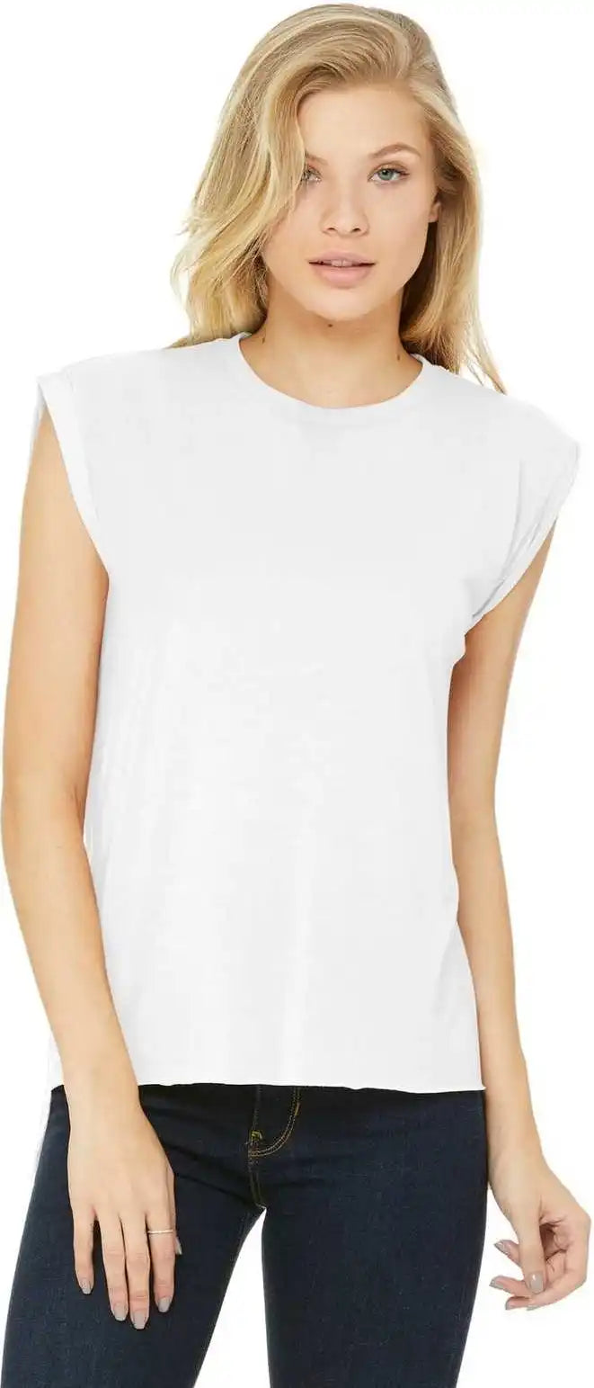 Bella + Canvas 8804 Women’s Flowy Muscle Tee with Rolled Cuffs - White