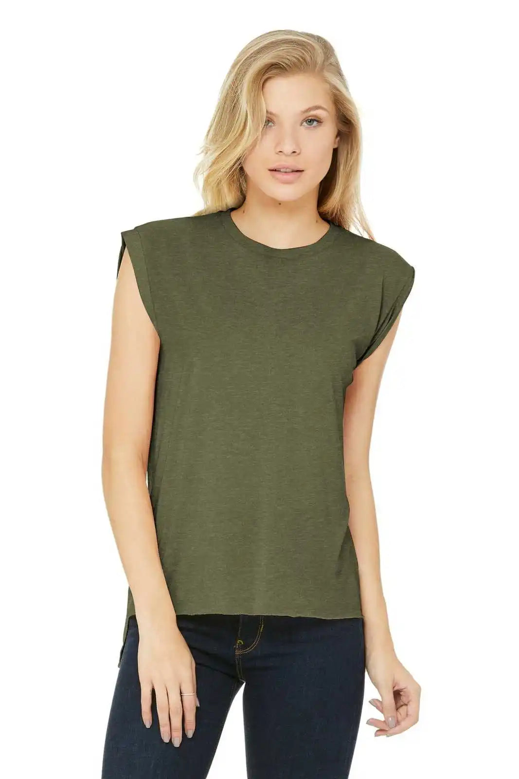Bella + Canvas 8804 Women’s Flowy Muscle Tee with Rolled Cuffs - Heather Olive