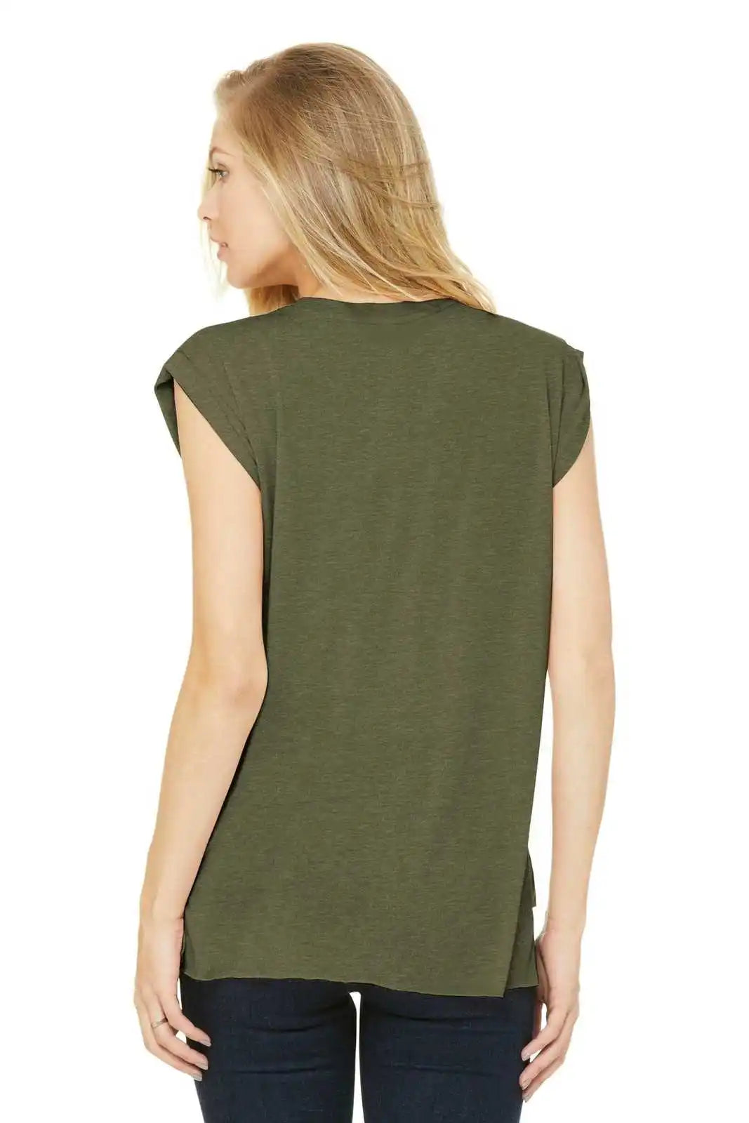 Bella + Canvas 8804 Women’s Flowy Muscle Tee with Rolled Cuffs - Heather Olive