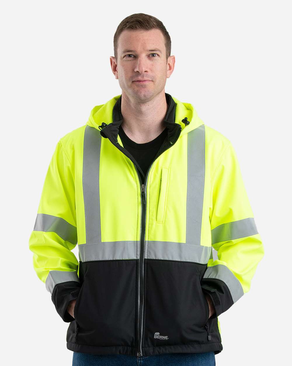 Berne Apparel Hvjs206t Men’s Tall Hi-vis Class 3 Hooded Soft Shell Jacket