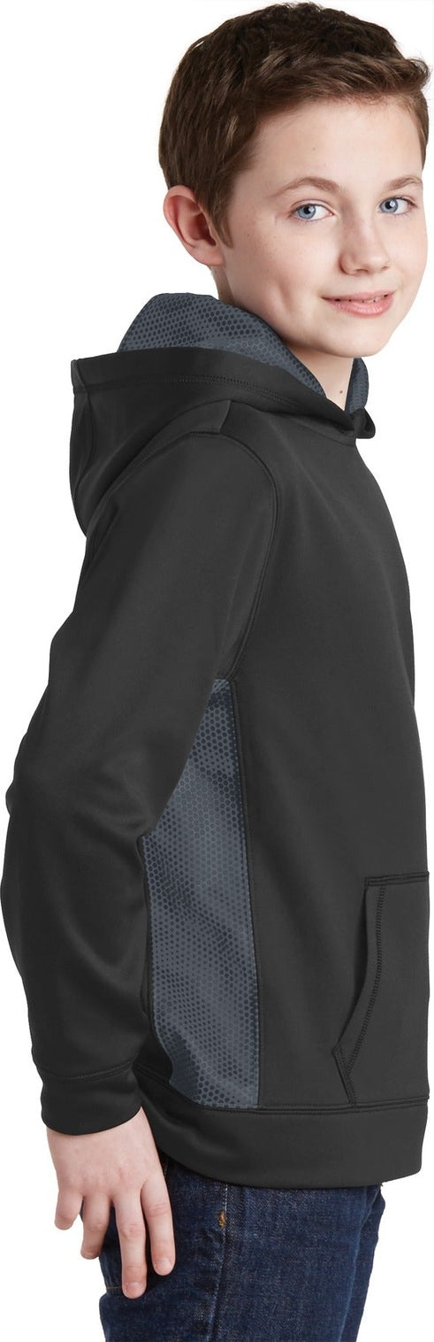Bk/Dark Sm Gry Sport-Tek Youth Sport-Wick CamoHex Fleece Colorblock Hooded Pullover. YST239