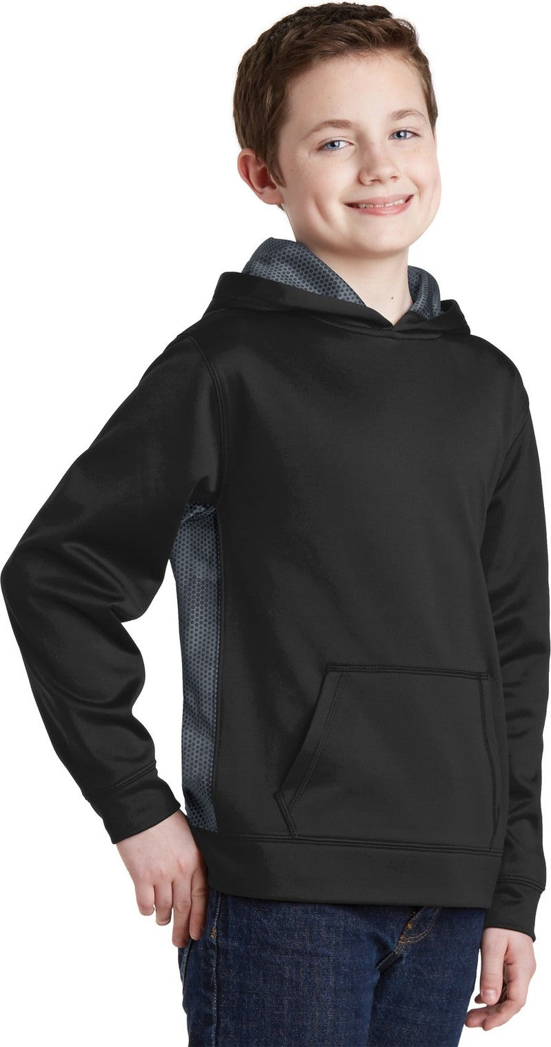 Bk/Dark Sm Gry Sport-Tek Youth Sport-Wick CamoHex Fleece Colorblock Hooded Pullover. YST239