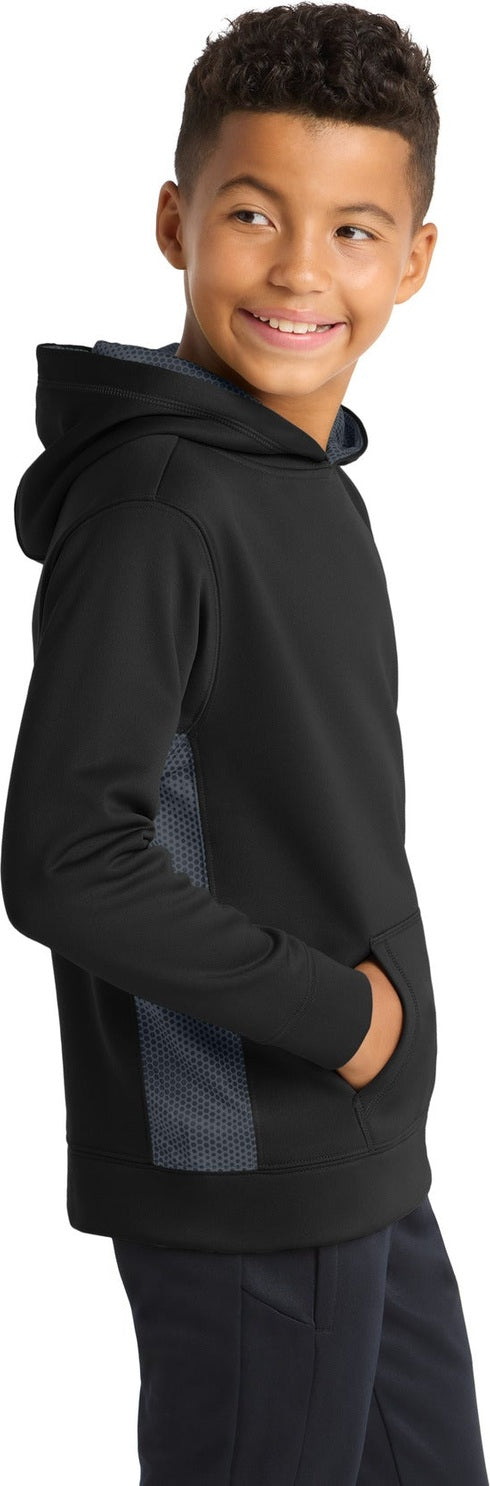 Bk/Dark Sm Gry Sport-Tek Youth Sport-Wick CamoHex Fleece Colorblock Hooded Pullover. YST239