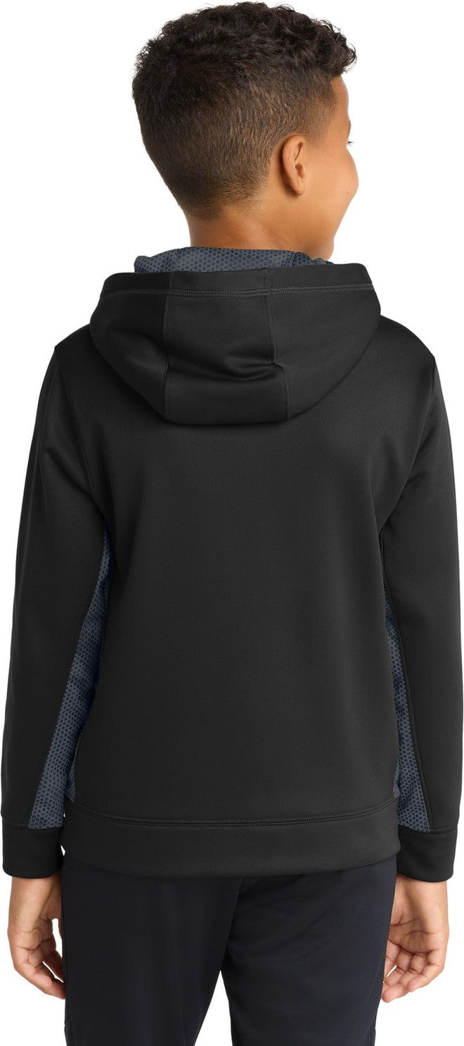 Bk/Dark Sm Gry Sport-Tek Youth Sport-Wick CamoHex Fleece Colorblock Hooded Pullover. YST239