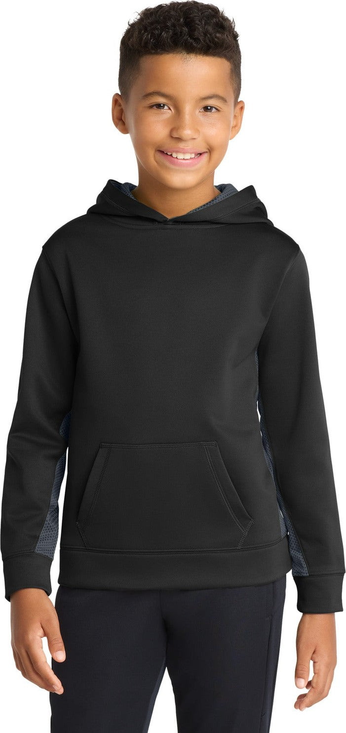 Bk/Dark Sm Gry Sport-Tek Youth Sport-Wick CamoHex Fleece Colorblock Hooded Pullover. YST239