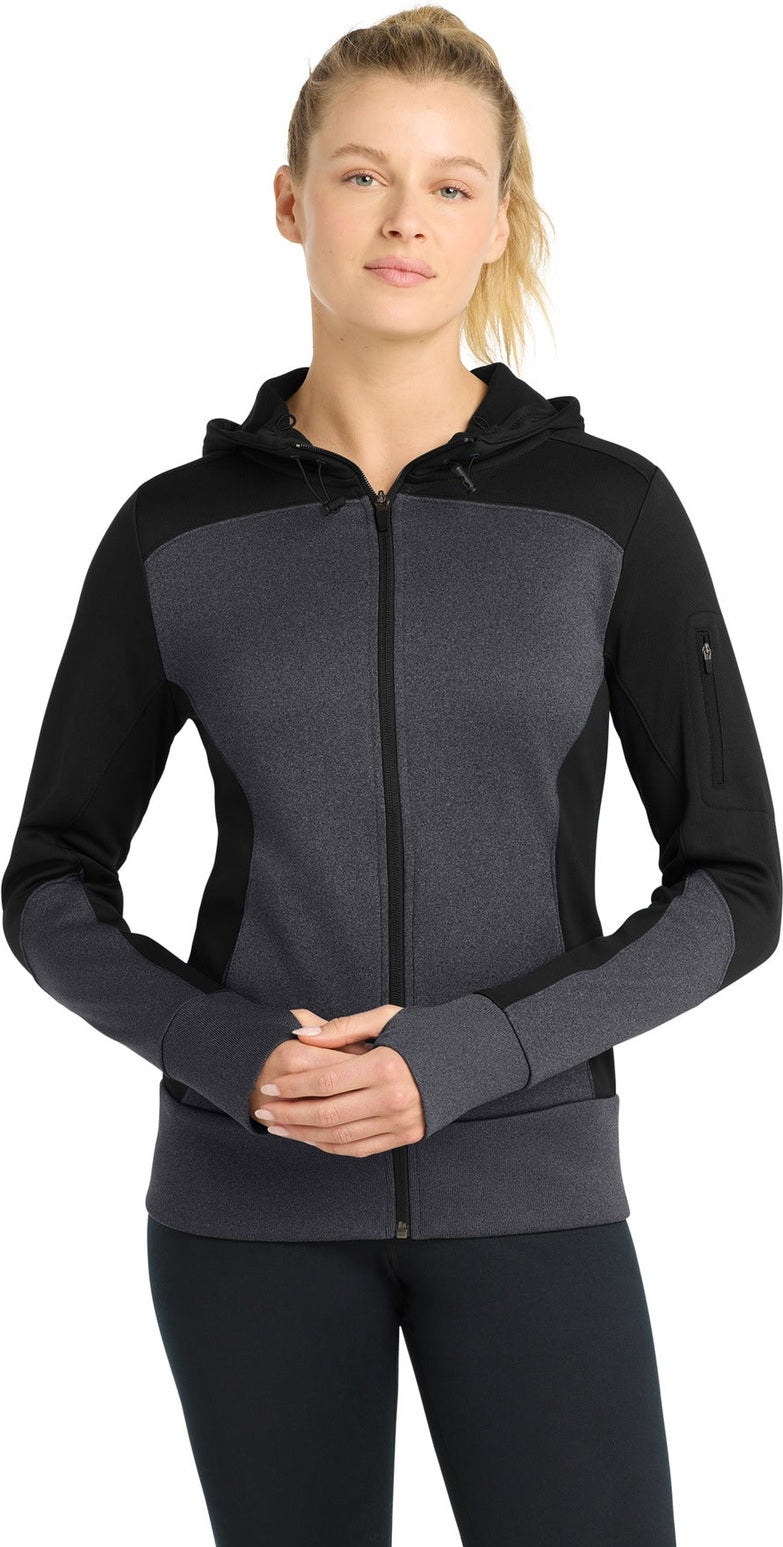 Bk/Gph/Black Sport-Tek Women's Tech Fleece Colorblock Full-Zip Hooded Jacket. LST245