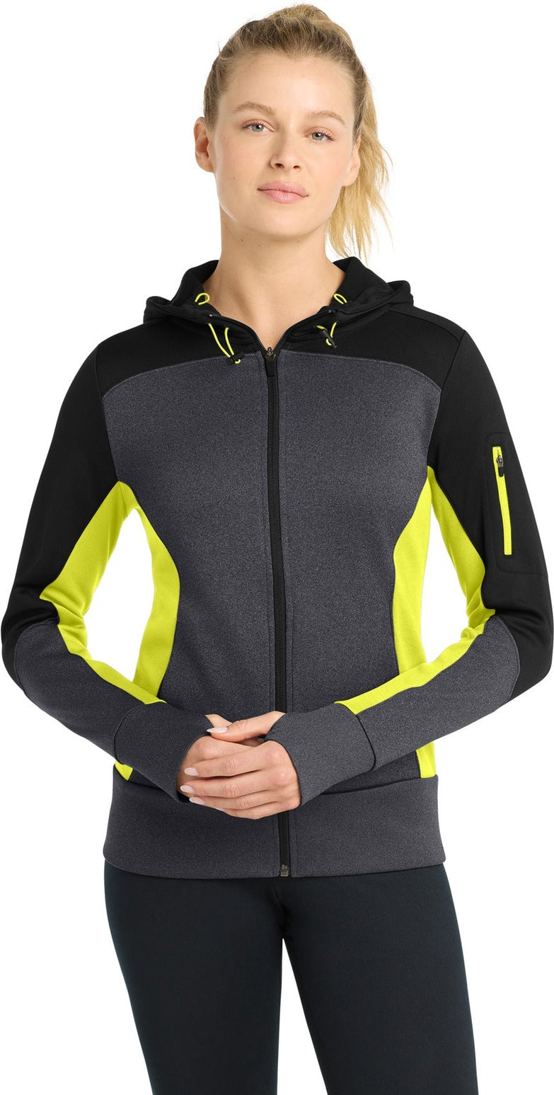 Bk/Gph/Citron Sport-Tek Women's Tech Fleece Colorblock Full-Zip Hooded Jacket. LST245