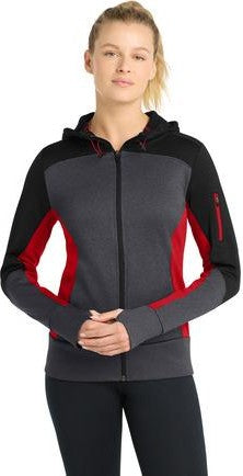Bk/Gph/Tr Red Sport-Tek Women's Tech Fleece Colorblock Full-Zip Hooded Jacket. LST245