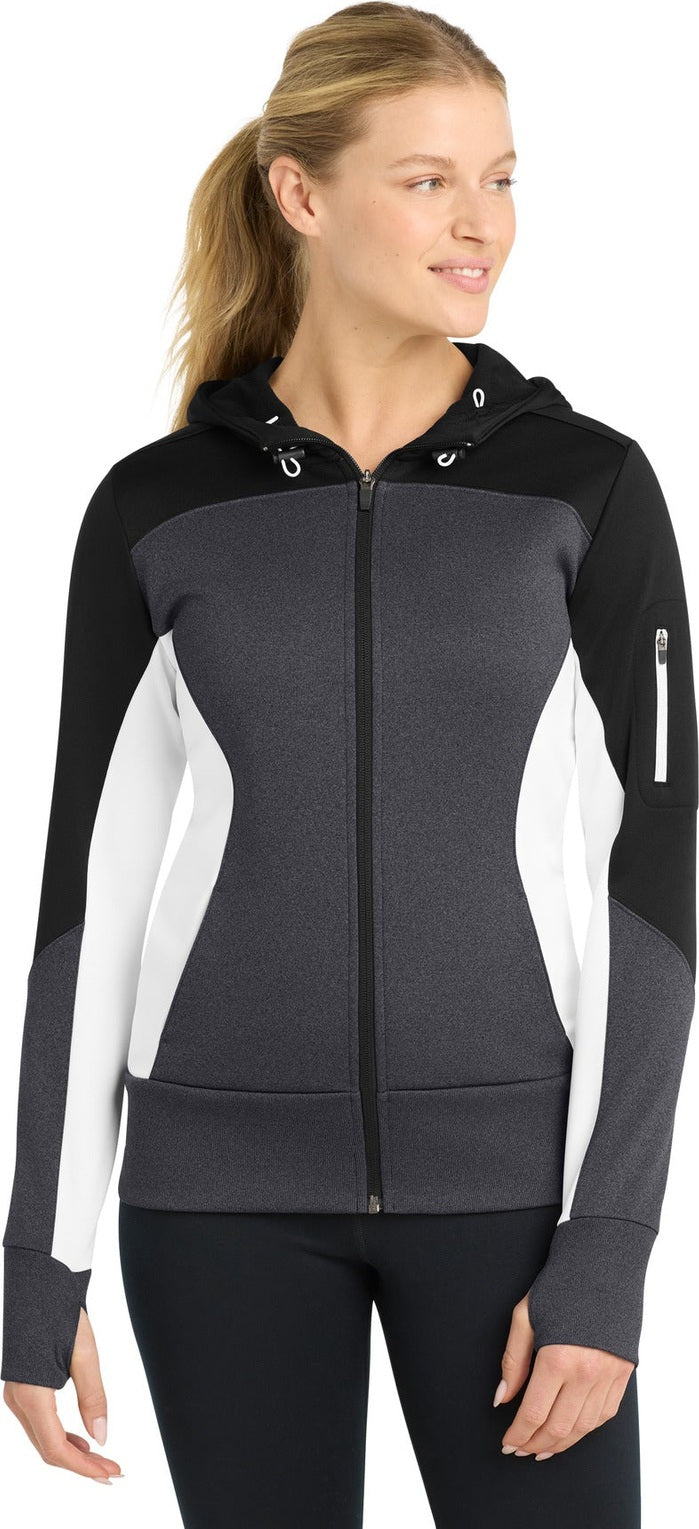 Bk/Gph/White Sport-Tek Women's Tech Fleece Colorblock Full-Zip Hooded Jacket. LST245