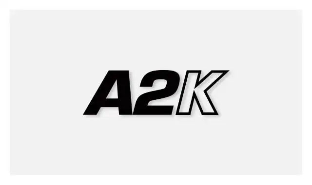 Black a2k logo with bold, stylized lettering and a white outline.