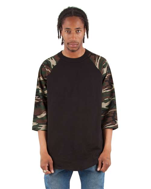 Black/ Camo Green Three-Quarter Sleeve Camo Raglan T-Shirt - SHRAGCM